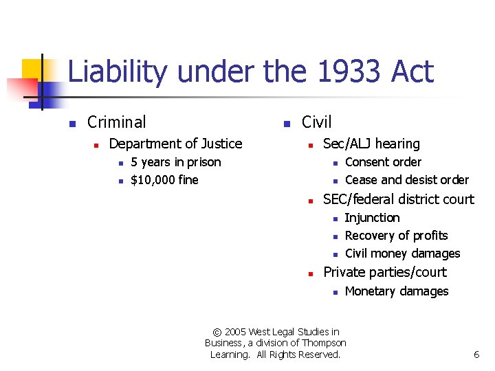 Liability under the 1933 Act n Criminal n n Department of Justice n n Liability under the 1933 Act n Criminal n n Department of Justice n n