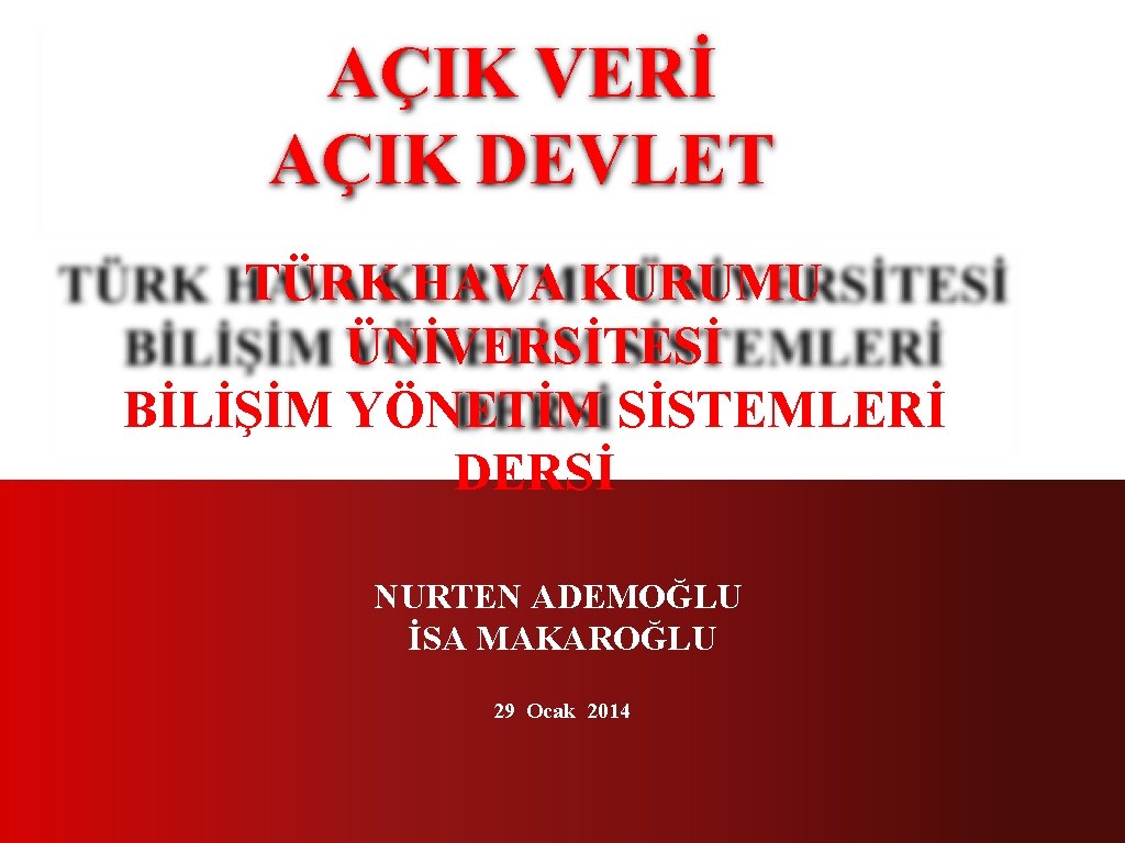 AÇIK VERİ AÇIK DEVLET TÜRK HAVA KURUMU ÜNİVERSİTESİ BİLİŞİM YÖNETİM SİSTEMLERİ DERSİ NURTEN ADEMOĞLU