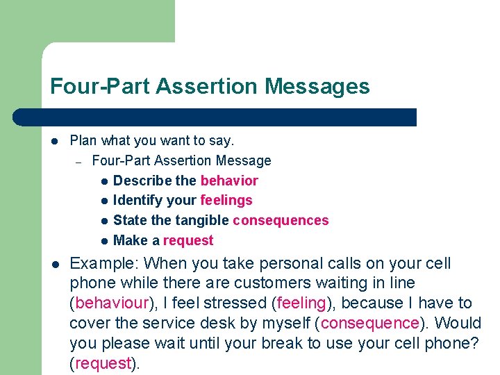 Four-Part Assertion Messages l Plan what you want to say. – Four-Part Assertion Message
