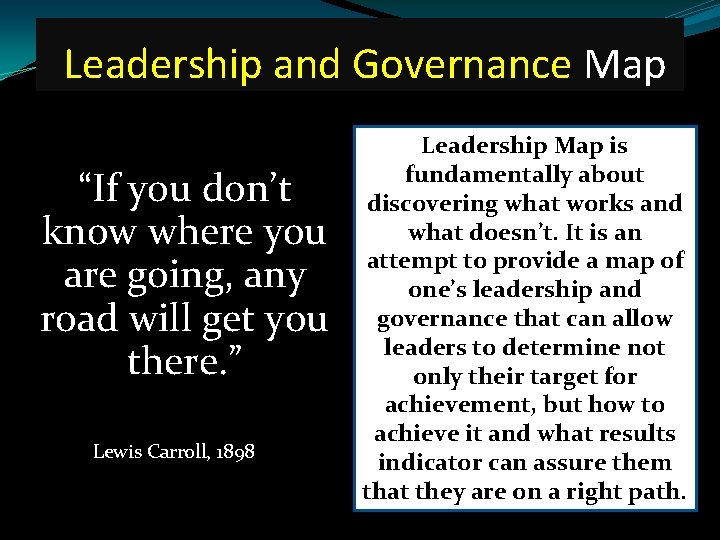Leadership and Governance Map “If you don’t know where you are going, any road Leadership and Governance Map “If you don’t know where you are going, any road
