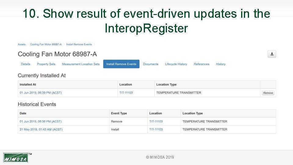 10. Show result of event-driven updates in the Interop. Register TM © MIMOSA 2019