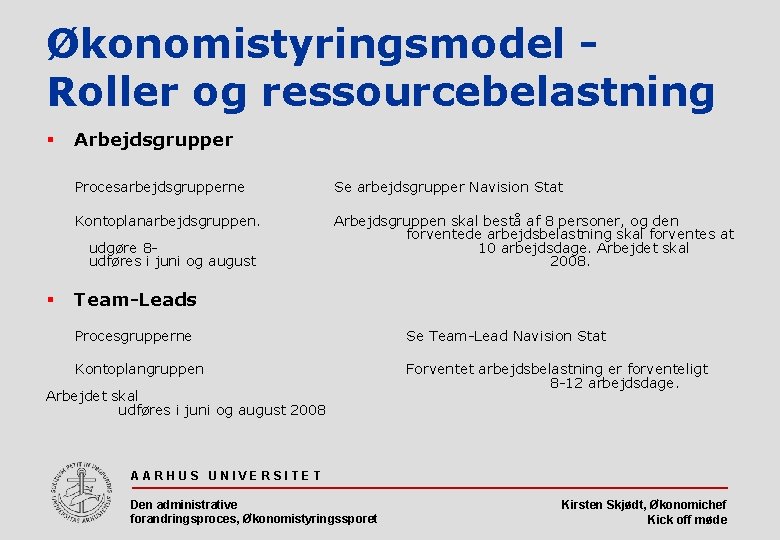 Økonomistyringsmodel Roller og ressourcebelastning § Arbejdsgrupper Procesarbejdsgrupperne Se arbejdsgrupper Navision Stat Kontoplanarbejdsgruppen. Arbejdsgruppen skal