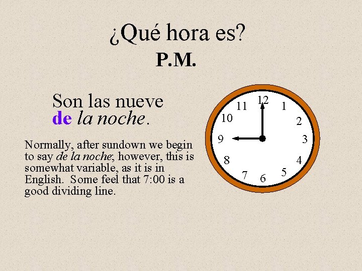 ¿Qué hora es? P. M. Son las nueve de la noche. Normally, after sundown