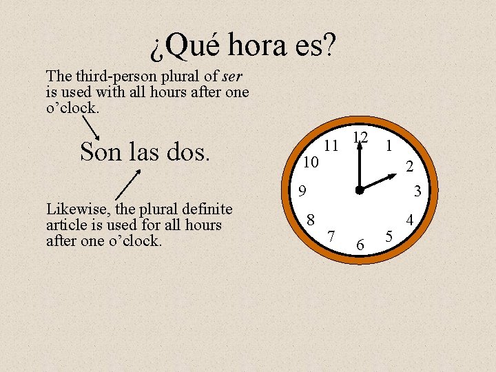 ¿Qué hora es? The third-person plural of ser is used with all hours after