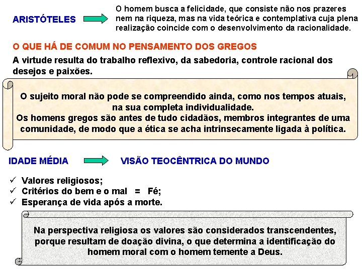 ARISTÓTELES O homem busca a felicidade, que consiste não nos prazeres nem na riqueza,