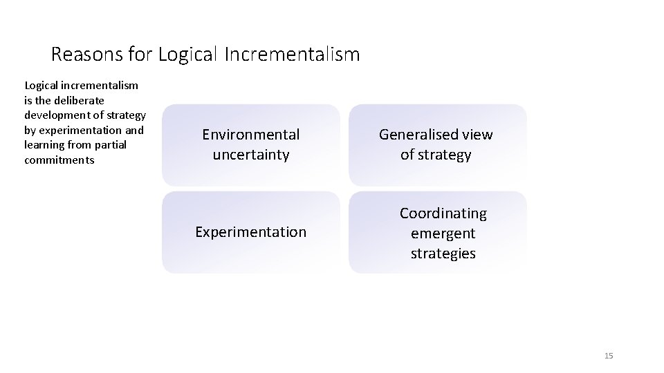 Reasons for Logical Incrementalism Logical incrementalism is the deliberate development of strategy by experimentation