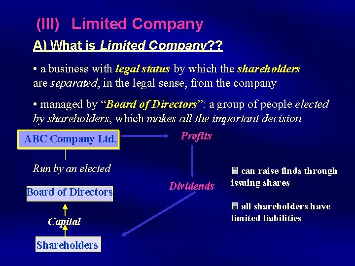 (III) Limited Company A) What is Limited Company? ? • a business with legal