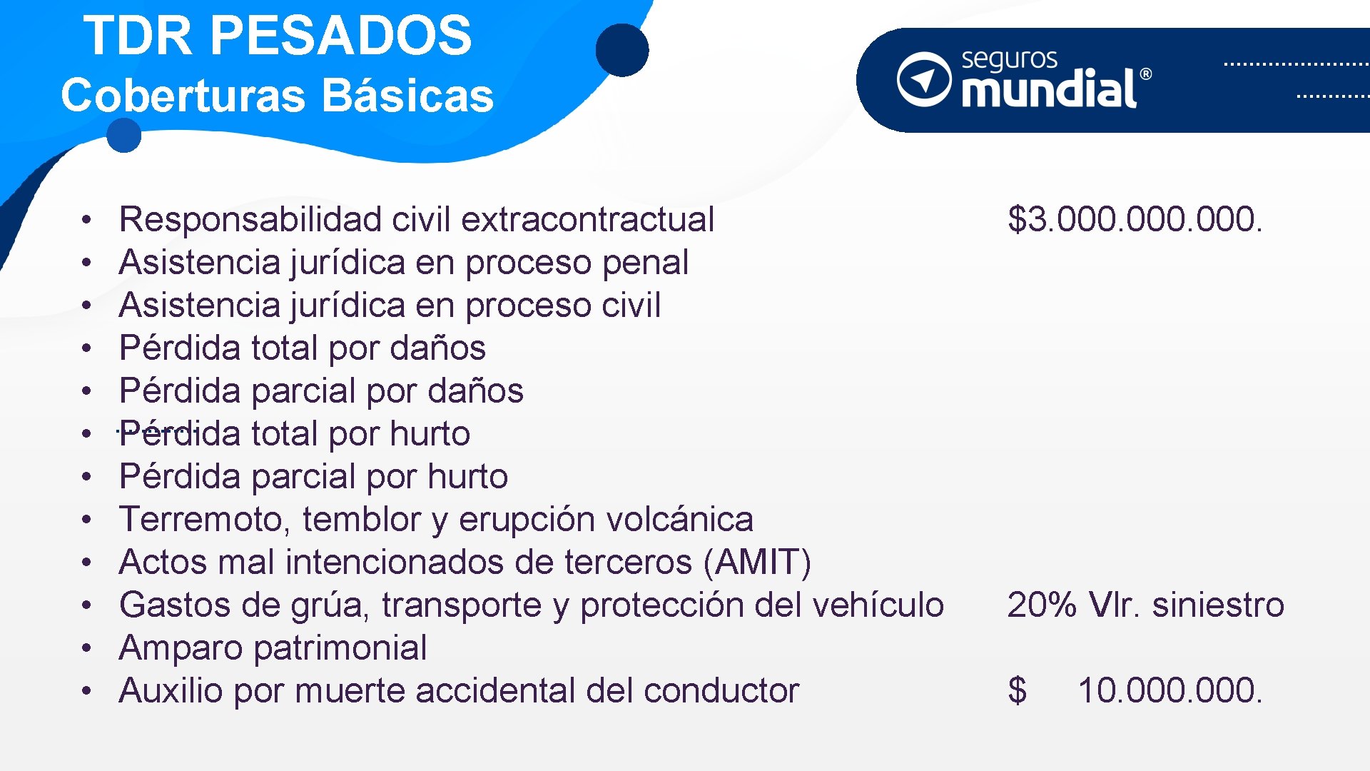 TDR PESADOS Coberturas Básicas • • • Responsabilidad civil extracontractual Asistencia jurídica en proceso