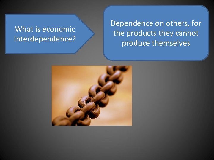 What is economic interdependence? Dependence on others, for the products they cannot produce themselves