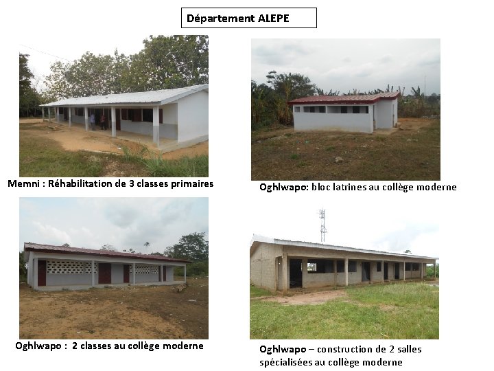 Département ALEPE Memni : Réhabilitation de 3 classes primaires Oghlwapo : 2 classes au