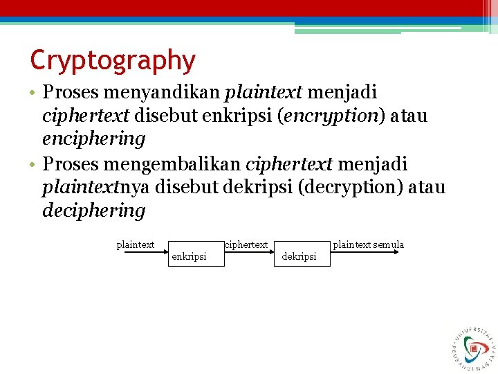 Cryptography • Proses menyandikan plaintext menjadi ciphertext disebut enkripsi (encryption) atau enciphering • Proses