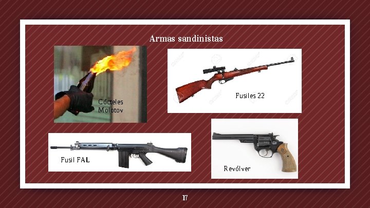 Armas sandinistas Fusiles 22 Cócteles Molotov Fusil FAL Revólver 17 