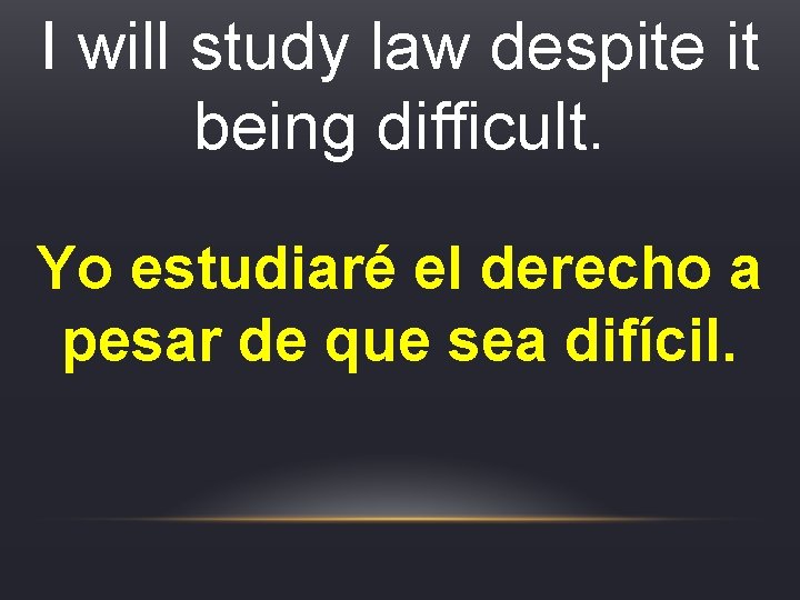 I will study law despite it being difficult. Yo estudiaré el derecho a pesar I will study law despite it being difficult. Yo estudiaré el derecho a pesar