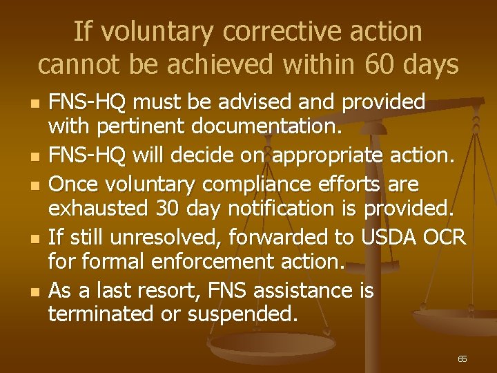 If voluntary corrective action cannot be achieved within 60 days n n n FNS-HQ
