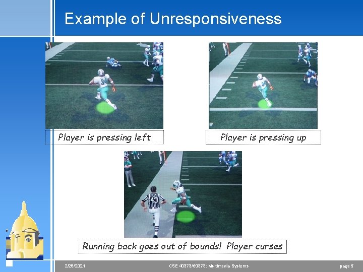 Example of Unresponsiveness Player is pressing left Player is pressing up Running back goes