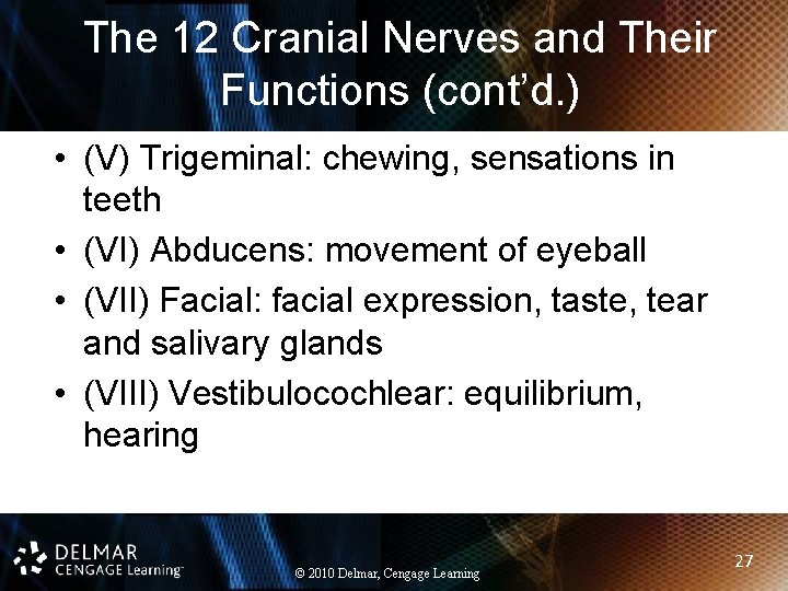 The 12 Cranial Nerves and Their Functions (cont’d. ) • (V) Trigeminal: chewing, sensations