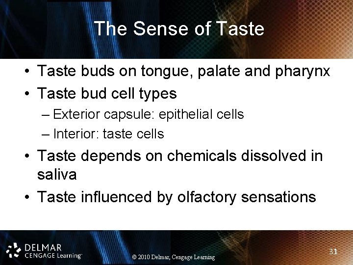 The Sense of Taste • Taste buds on tongue, palate and pharynx • Taste