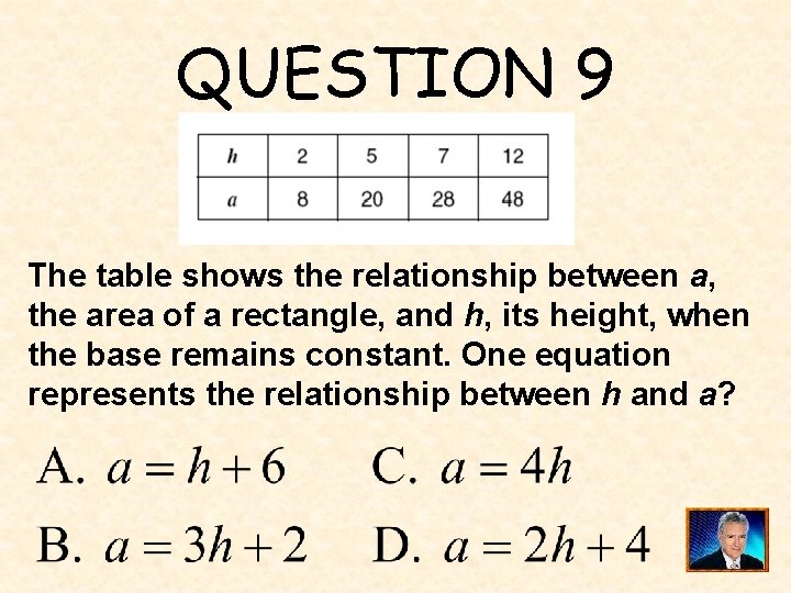 QUESTION 9 The table shows the relationship between a, the area of a rectangle,