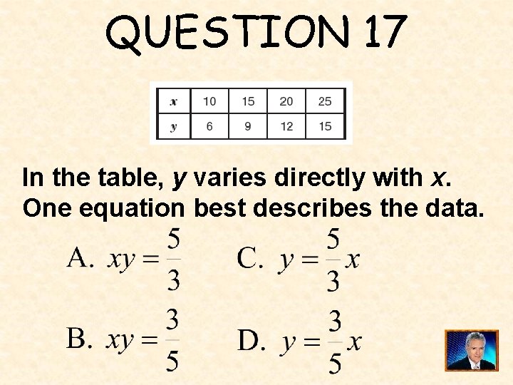 QUESTION 17 In the table, y varies directly with x. One equation best describes