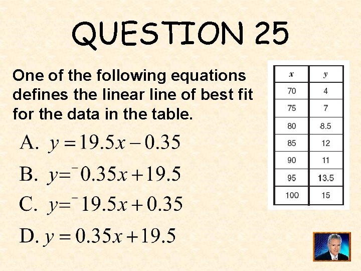 QUESTION 25 One of the following equations defines the linear line of best fit