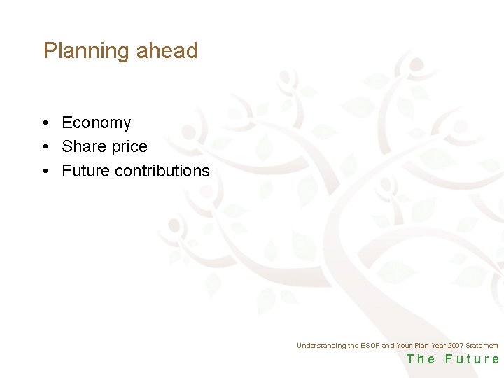 Planning ahead • Economy • Share price • Future contributions Understanding the ESOP and