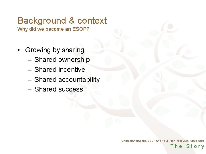 Background & context Why did we become an ESOP? • Growing by sharing –