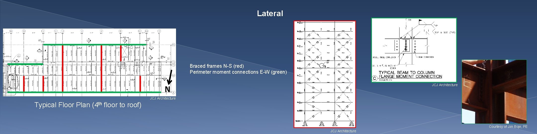 Lateral Braced frames N-S (red) Perimeter moment connections E-W (green) JCJ Architecture N JCJ