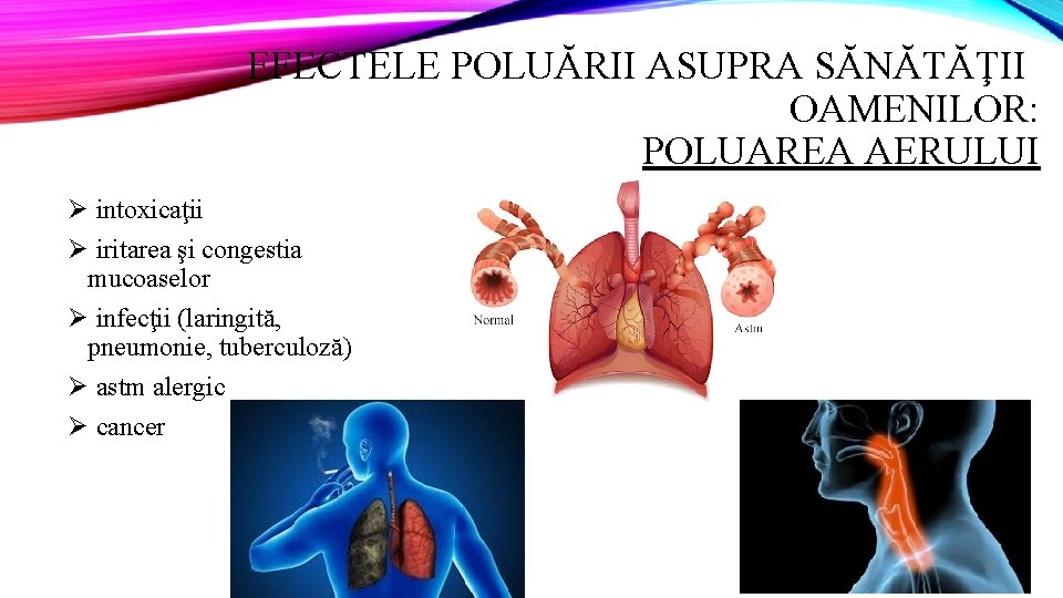 EFECTELE POLUĂRII ASUPRA SĂNĂTĂŢII OAMENILOR: POLUAREA AERULUI Ø intoxicaţii Ø iritarea şi congestia mucoaselor