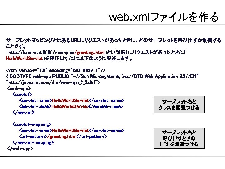 web. xmlファイルを作る サーブレットマッピングとはあるURLにリクエストがあったときに、どのサーブレットを呼び出すか制御する ことです。 「http: //localhost: 8080/examples/greeting. . html」というURLにリクエストがあったときに「 Hello. World. Servlet」を呼び出すには以下のように記述します。 <? xml