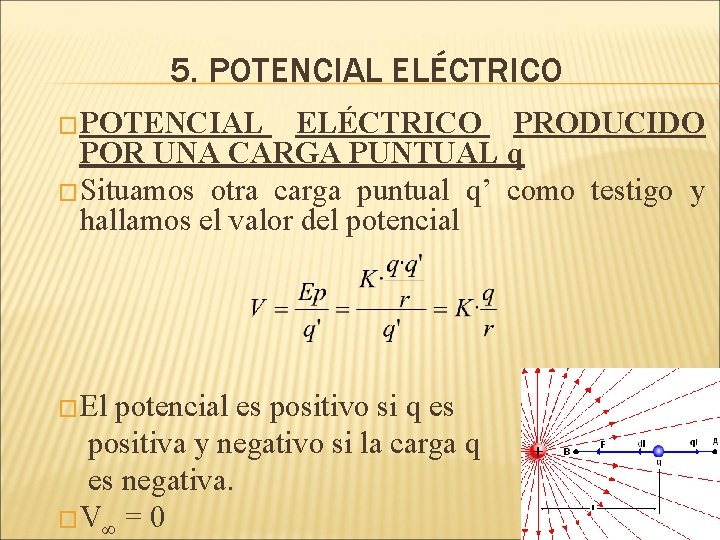 5. POTENCIAL ELÉCTRICO �POTENCIAL ELÉCTRICO PRODUCIDO POR UNA CARGA PUNTUAL q �Situamos otra carga