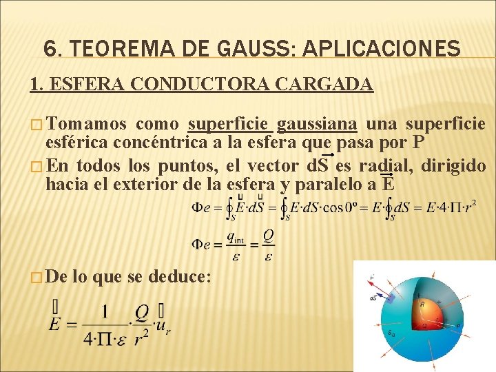 6. TEOREMA DE GAUSS: APLICACIONES 1. ESFERA CONDUCTORA CARGADA � Tomamos como superficie gaussiana