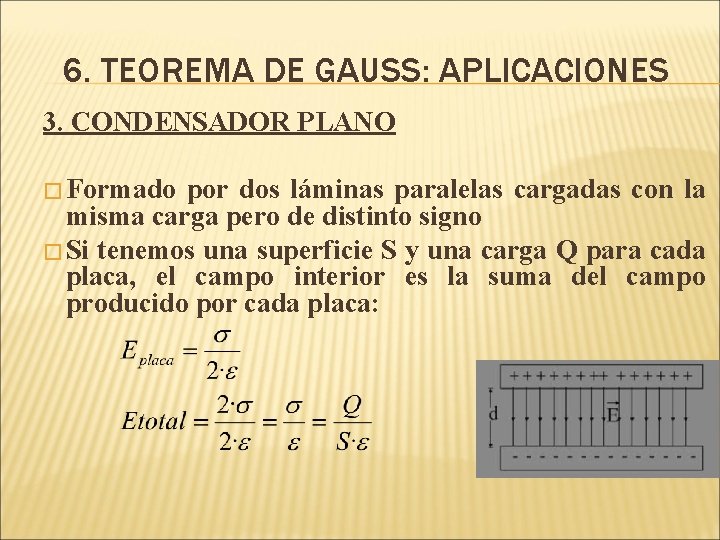 6. TEOREMA DE GAUSS: APLICACIONES 3. CONDENSADOR PLANO � Formado por dos láminas paralelas