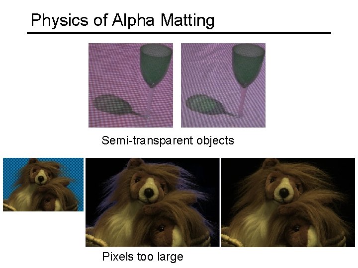 Physics of Alpha Matting Semi-transparent objects Pixels too large 