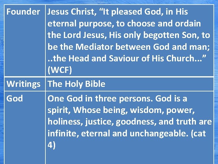 Founder Jesus Christ, “It pleased God, in His eternal purpose, to choose and ordain Founder Jesus Christ, “It pleased God, in His eternal purpose, to choose and ordain