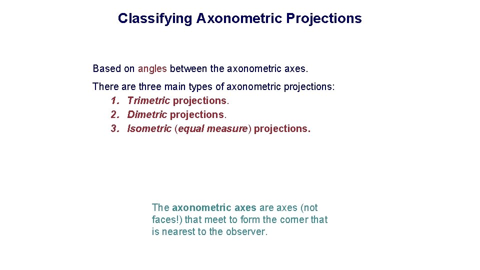Classifying Axonometric Projections Based on angles between the axonometric axes. There are three main Classifying Axonometric Projections Based on angles between the axonometric axes. There are three main