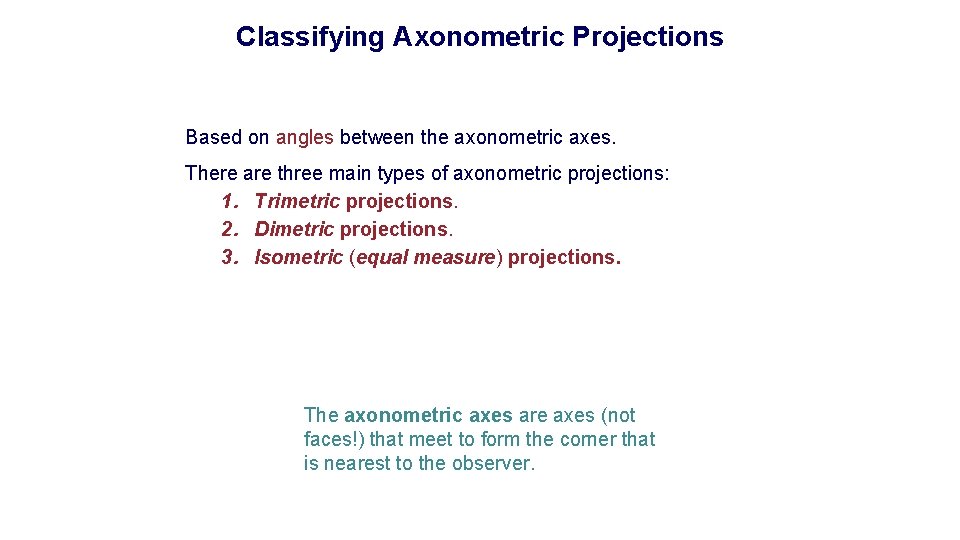 Classifying Axonometric Projections Based on angles between the axonometric axes. There are three main