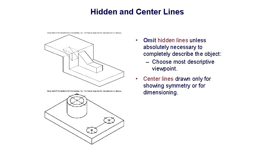 Hidden and Center Lines • Omit hidden lines unless absolutely necessary to completely describe Hidden and Center Lines • Omit hidden lines unless absolutely necessary to completely describe