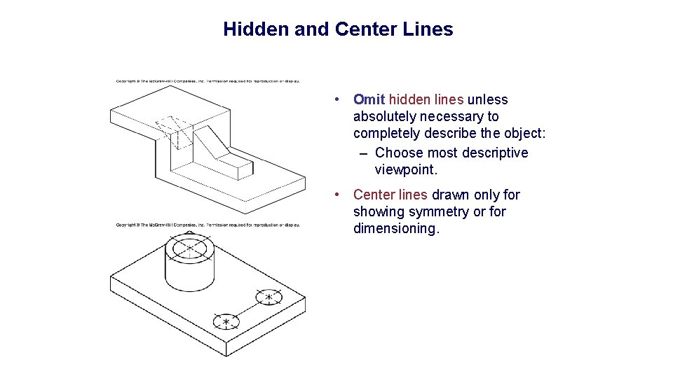 Hidden and Center Lines • Omit hidden lines unless absolutely necessary to completely describe