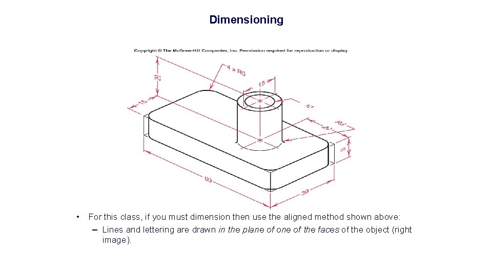 Dimensioning • For this class, if you must dimension then use the aligned method Dimensioning • For this class, if you must dimension then use the aligned method