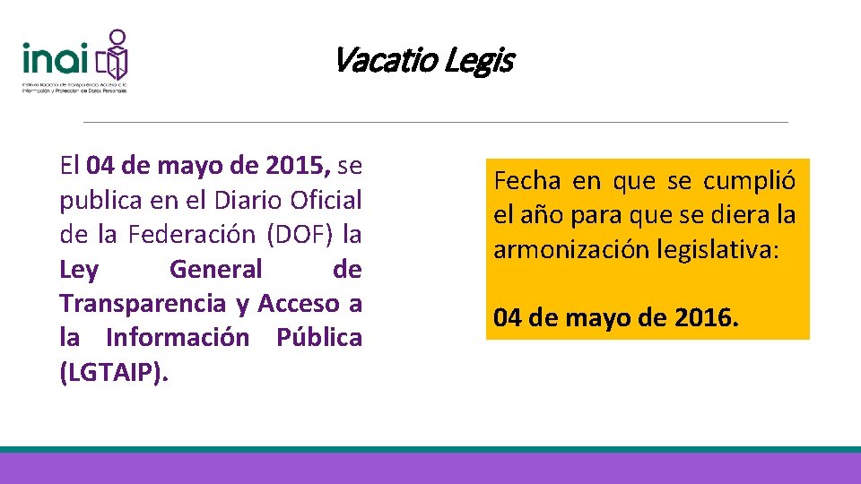 Vacatio Legis El 04 de mayo de 2015, se publica en el Diario Oficial