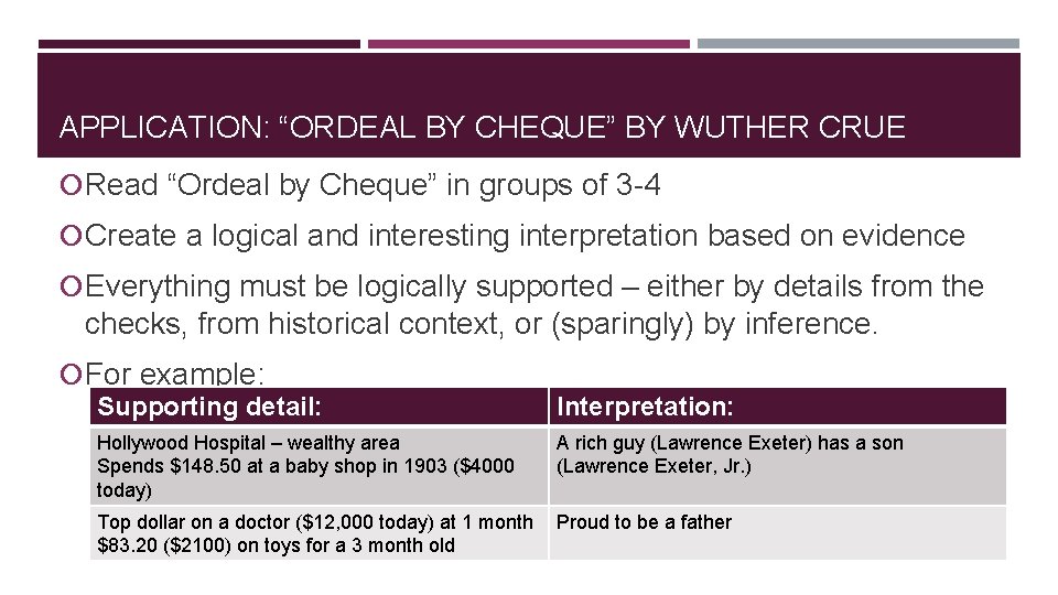 APPLICATION: “ORDEAL BY CHEQUE” BY WUTHER CRUE Read “Ordeal by Cheque” in groups of