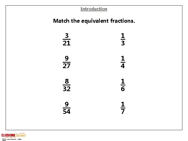 Introduction Match the equivalent fractions. © Classroom Secrets Limited 3 21 1 3 9