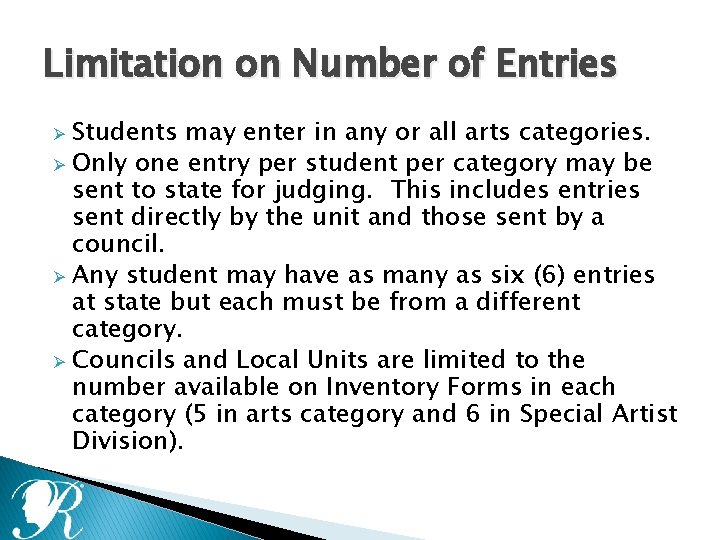 Limitation on Number of Entries Students may enter in any or all arts categories.