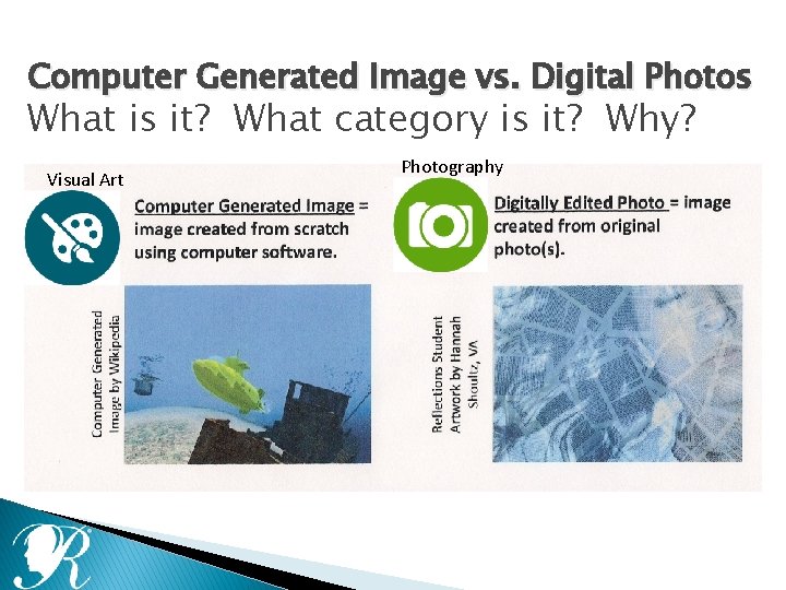 Computer Generated Image vs. Digital Photos What is it? What category is it? Why?