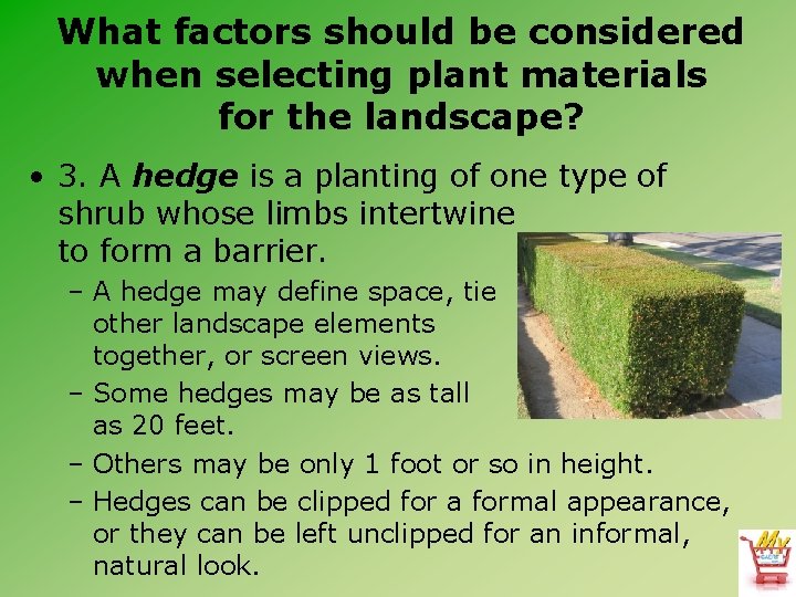 What factors should be considered when selecting plant materials for the landscape? • 3.