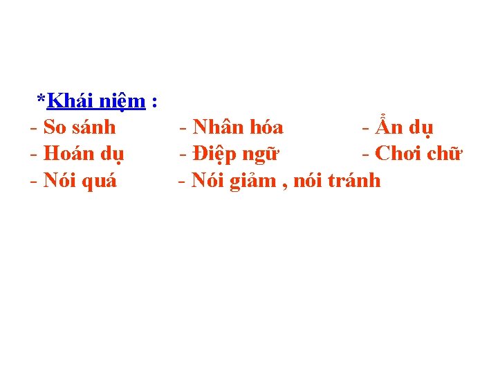 *Khái niệm : - So sánh - Nhân hóa - Ẩn dụ - Hoán