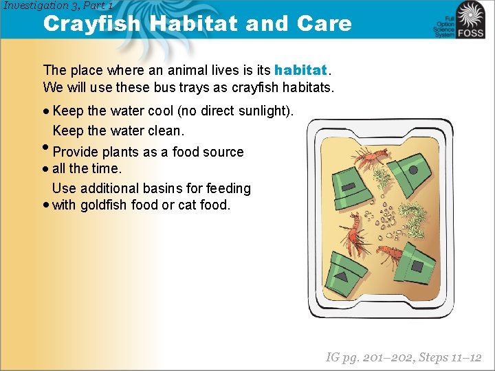 Investigation 3, Part 1 Crayfish Habitat and Care The place where an animal lives