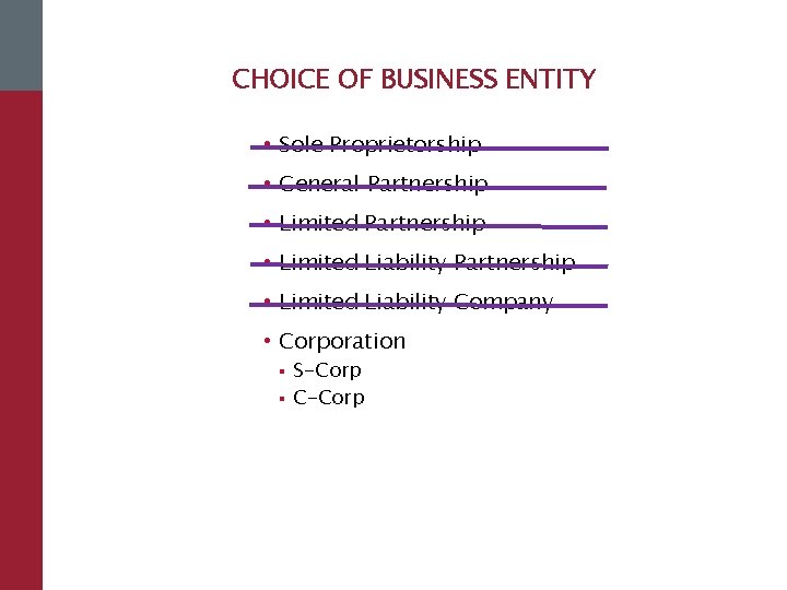 CHOICE OF BUSINESS ENTITY • Sole Proprietorship • General Partnership • Limited Liability Company