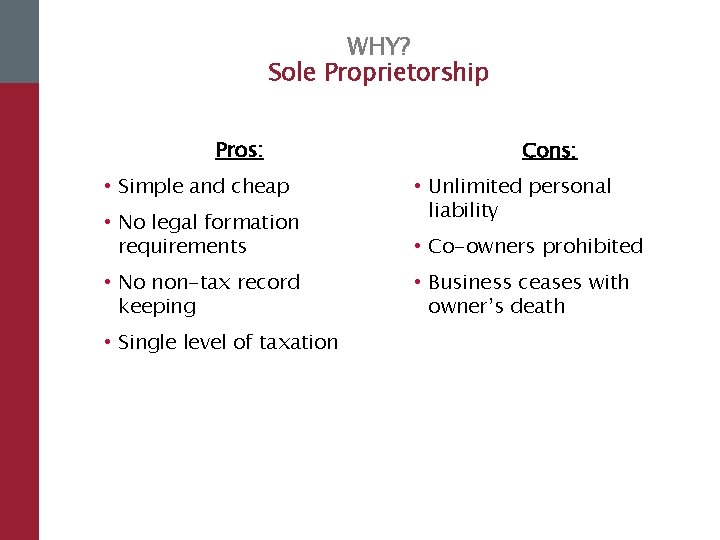 WHY? Sole Proprietorship Pros: • Simple and cheap • No legal formation requirements •