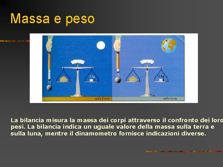 Massa e peso La bilancia misura la massa dei corpi attraverso il confronto dei Massa e peso La bilancia misura la massa dei corpi attraverso il confronto dei